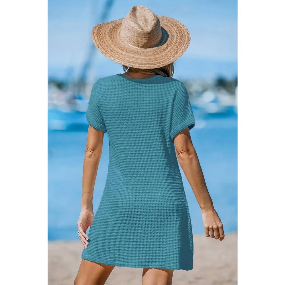 Cupshe Blue Waffle Knit Mini Dress Size L NWT Short Sleeve Beachwear - Picture 2 of 6